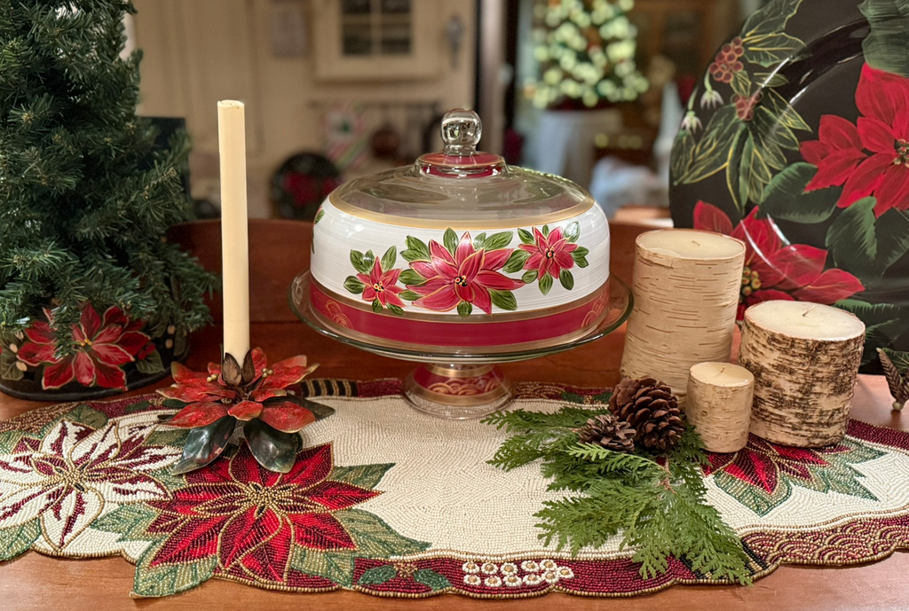 Poinsettia Holiday Cake Dome with Stand